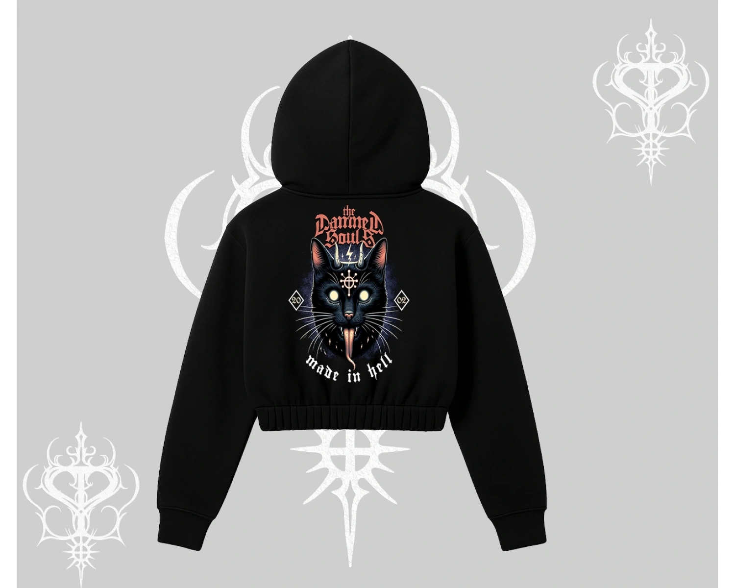 Gothic Cat Made in Hell Baskılı Sweatshirt Kapşonlu Crop Sweatshirt