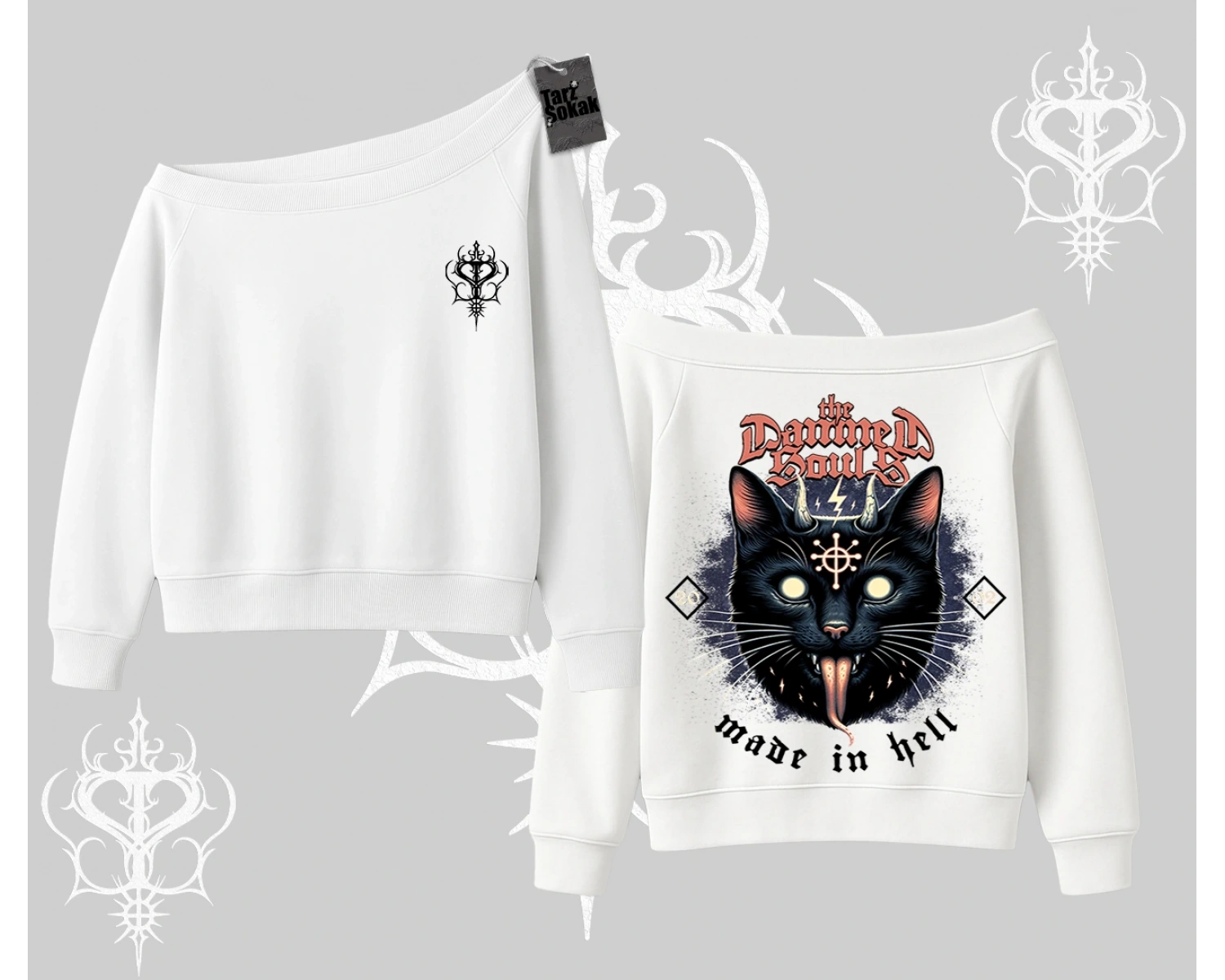 Gothic Cat Made in Hell Baskılı Sweatshirt Kayık Yaka Sweatshirt
