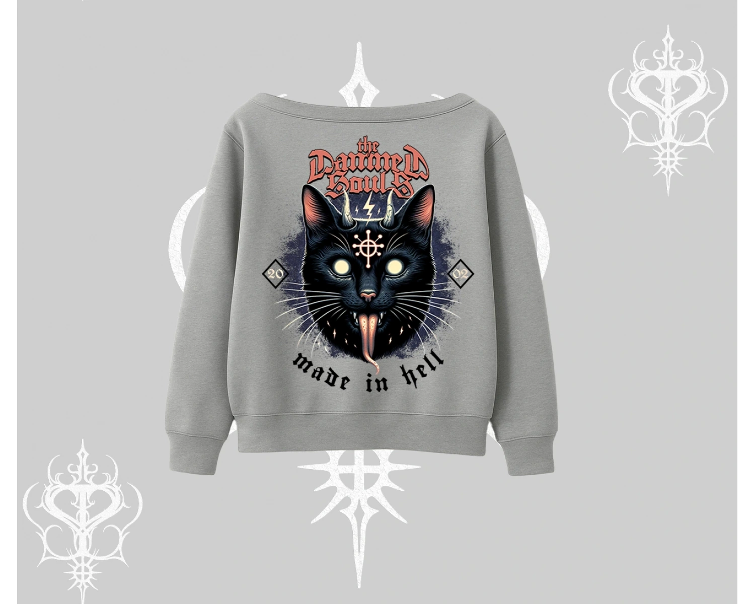 Gothic Cat Made in Hell Baskılı Sweatshirt Kayık Yaka Sweatshirt