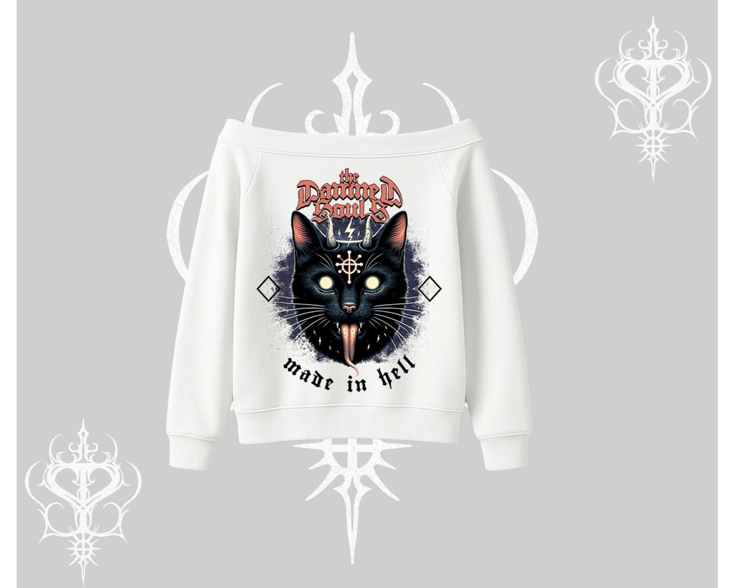 Gothic Cat Made in Hell Baskılı Sweatshirt Kayık Yaka Sweatshirt