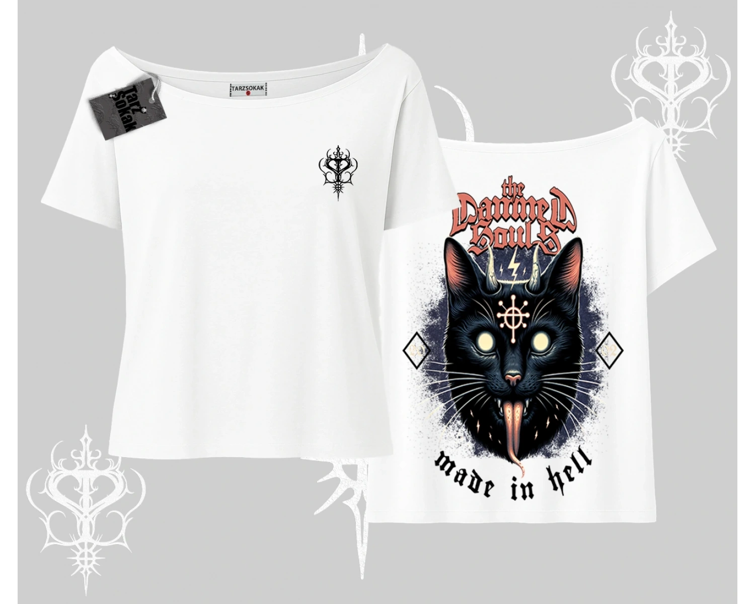 Gothic Cat Made in Hell Baskılı Sweatshirt Kayık Yaka Tshirt