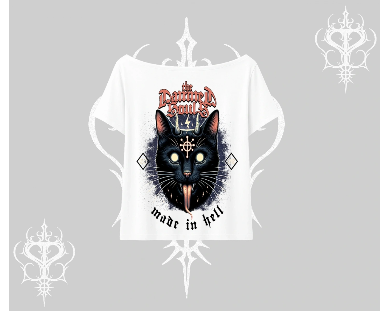 Gothic Cat Made in Hell Baskılı Sweatshirt Kayık Yaka Tshirt