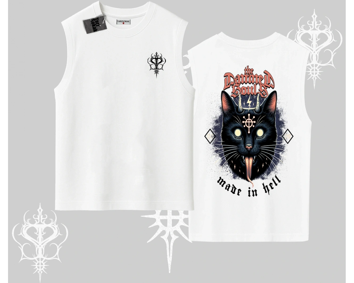 Gothic Cat Made in Hell Baskılı Sweatshirt Kolsuz Tshirt