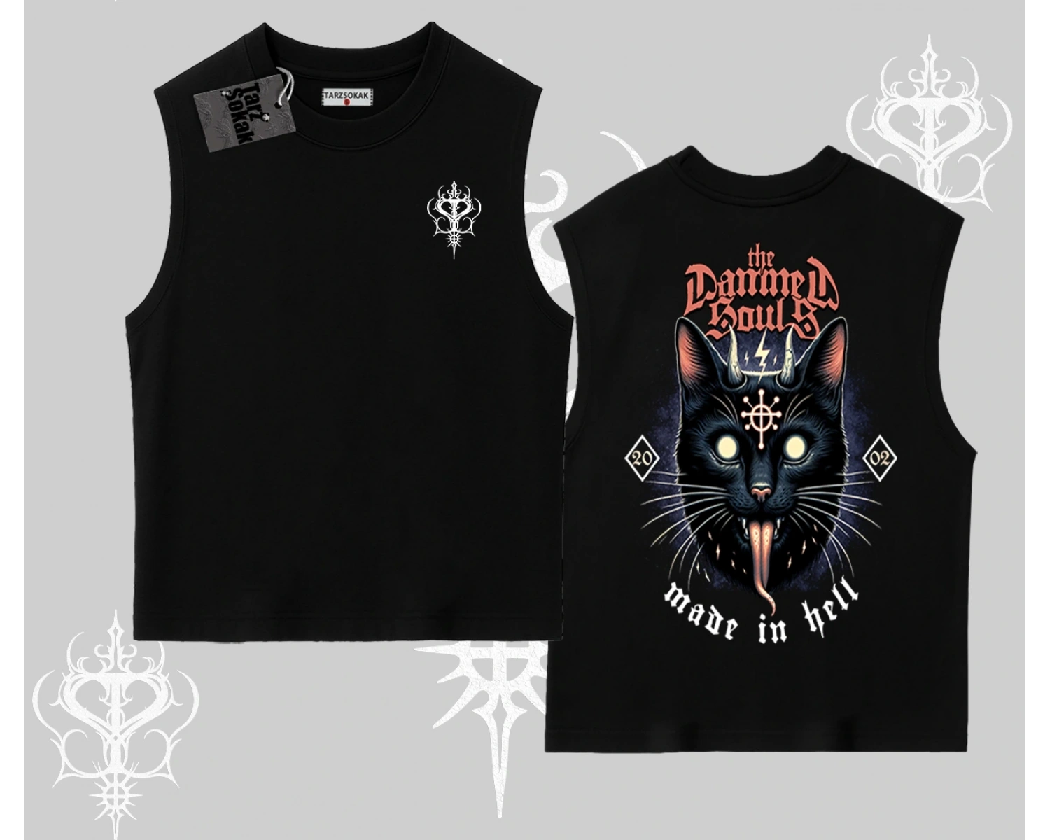 Gothic Cat Made in Hell Baskılı Sweatshirt Kolsuz Tshirt