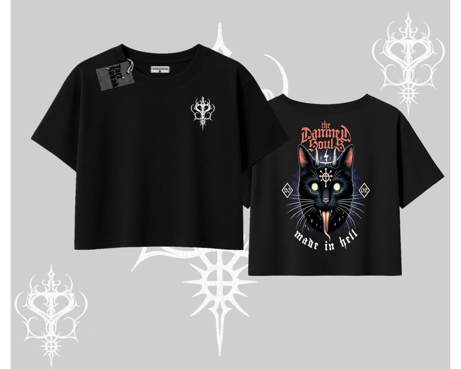 Gothic Cat Made in Hell Baskılı Sweatshirt Oversize Crop Tshirt