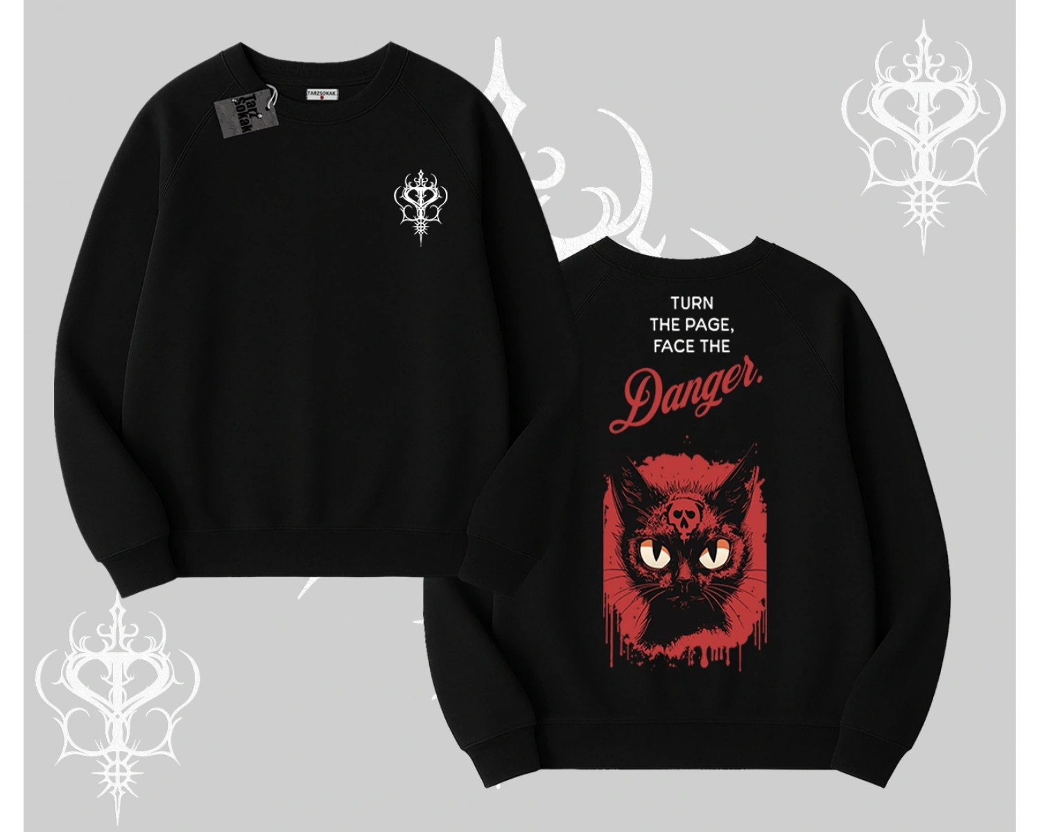 Gotik Kedi Arka Baskılı Biskilet Sweatshirt