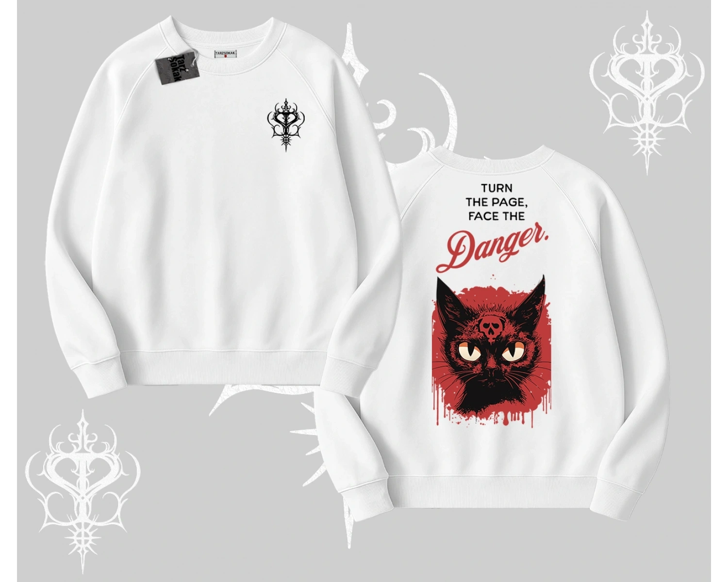 Gotik Kedi Arka Baskılı Biskilet Sweatshirt