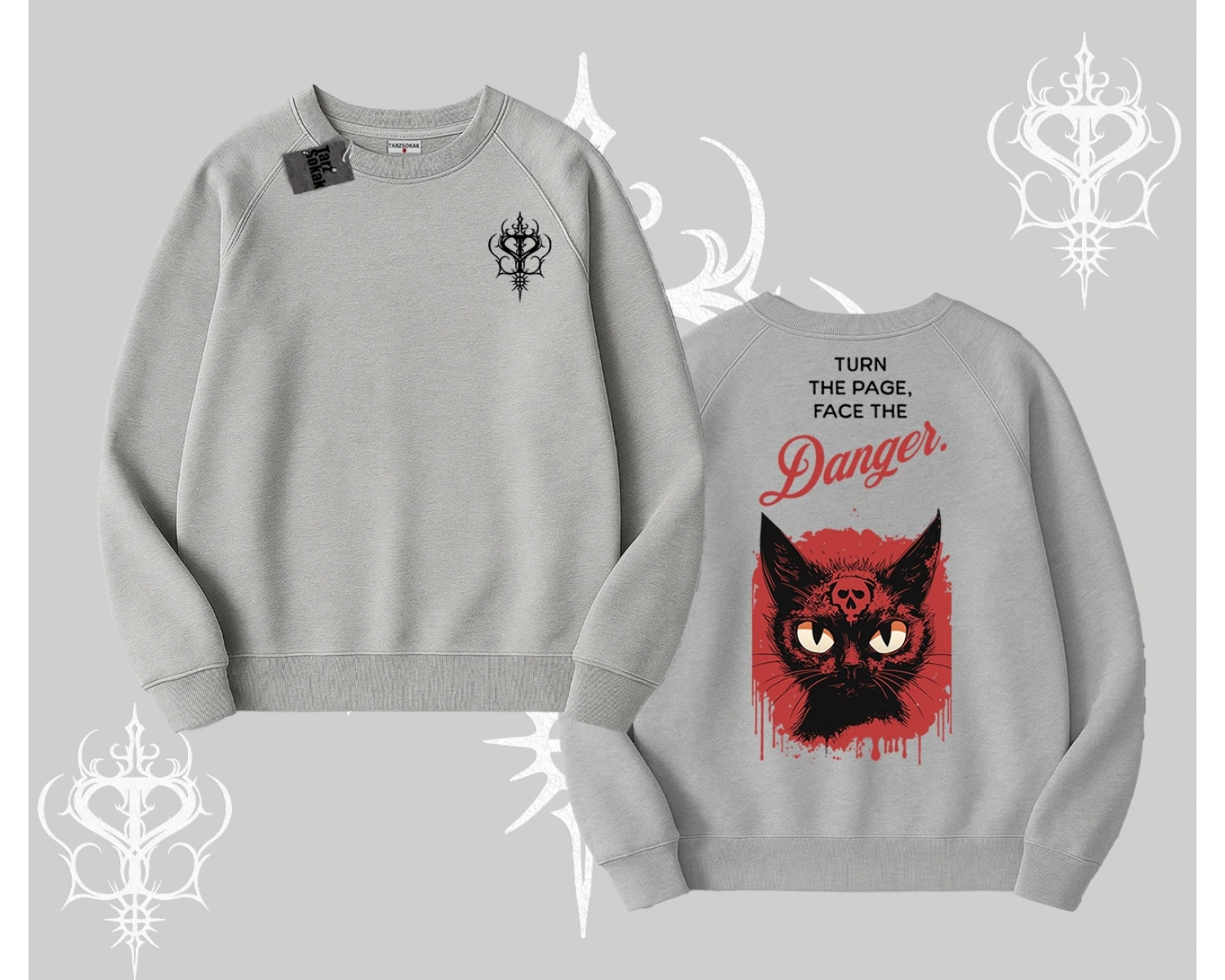 Gotik Kedi Arka Baskılı Biskilet Sweatshirt