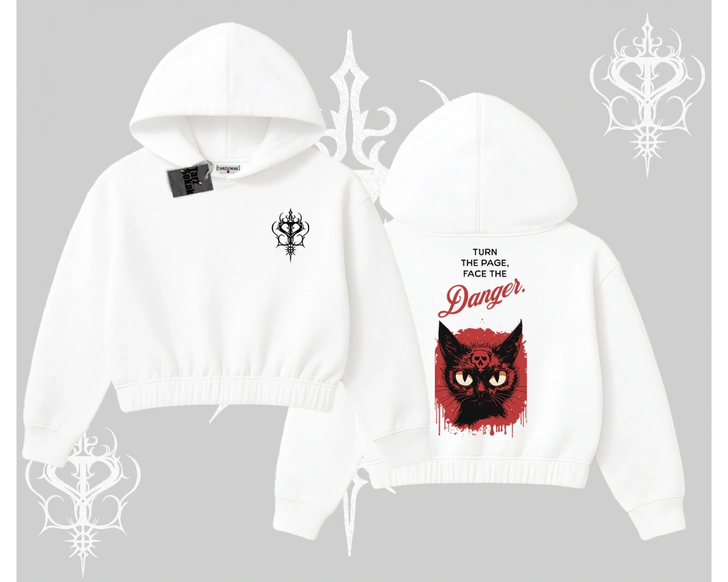 Gotik Kedi Arka Baskılı Kapşonlu Crop Sweatshirt