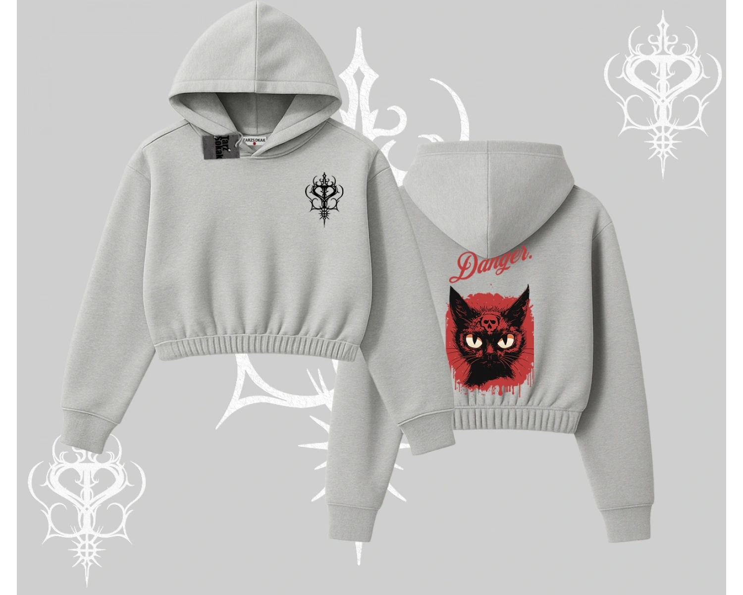 Gotik Kedi Arka Baskılı Kapşonlu Crop Sweatshirt