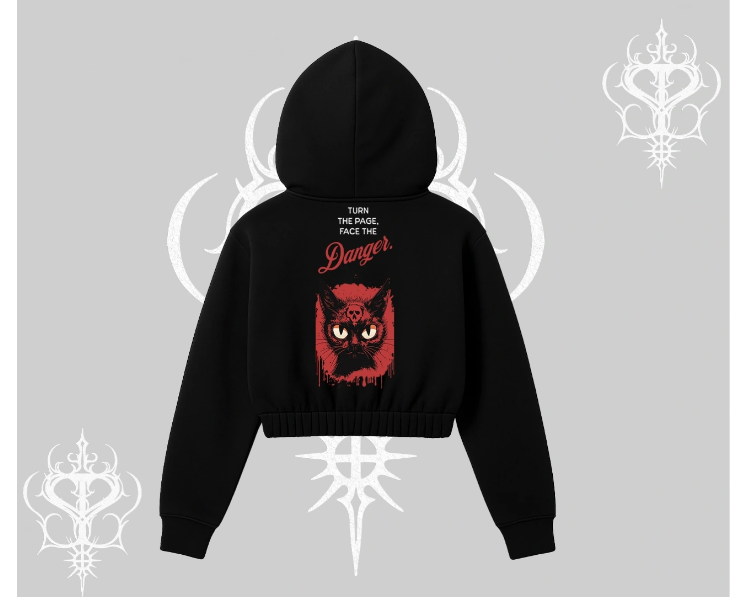 Gotik Kedi Arka Baskılı Kapşonlu Crop Sweatshirt