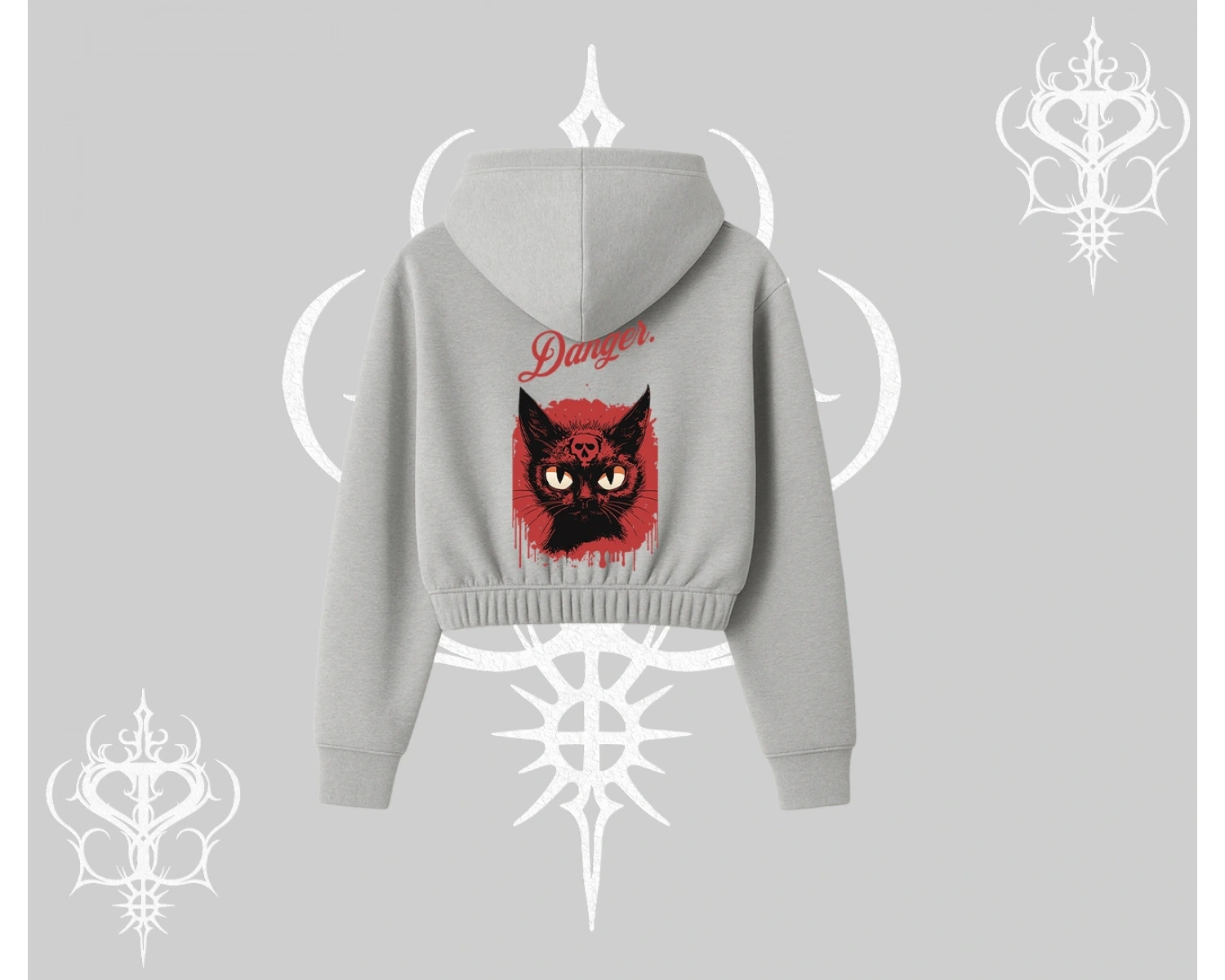Gotik Kedi Arka Baskılı Kapşonlu Crop Sweatshirt