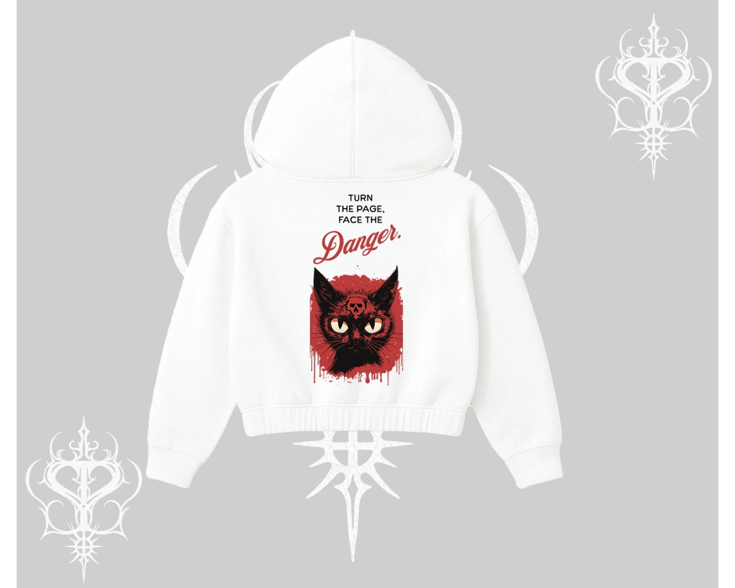 Gotik Kedi Arka Baskılı Kapşonlu Crop Sweatshirt
