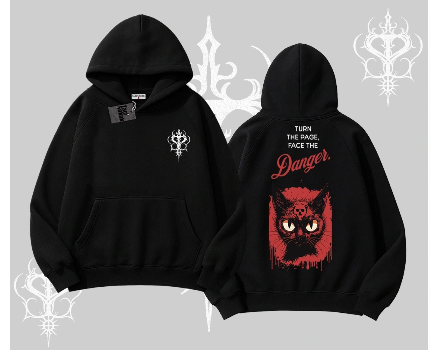 Gotik Kedi Arka Baskılı Kapşonlu Sweatshirt