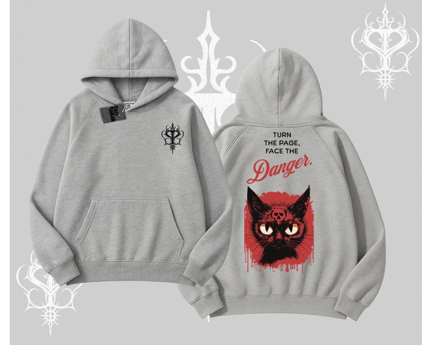 Gotik Kedi Arka Baskılı Kapşonlu Sweatshirt