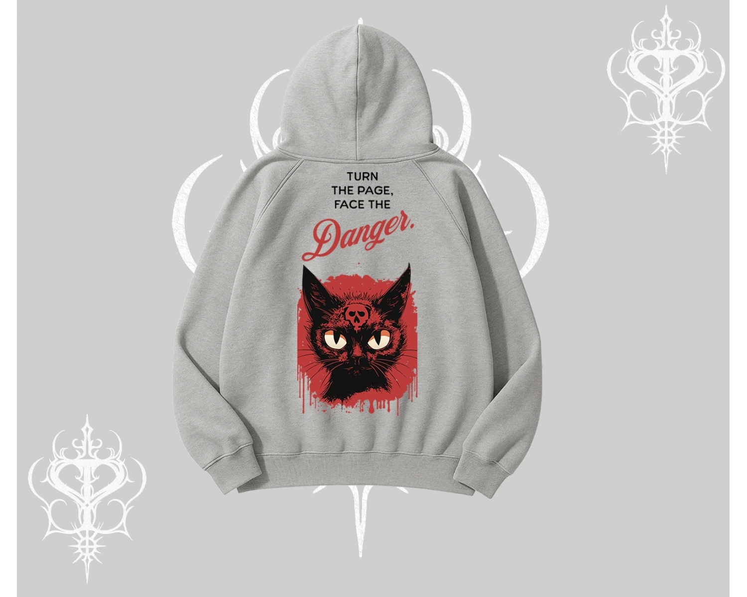 Gotik Kedi Arka Baskılı Kapşonlu Sweatshirt