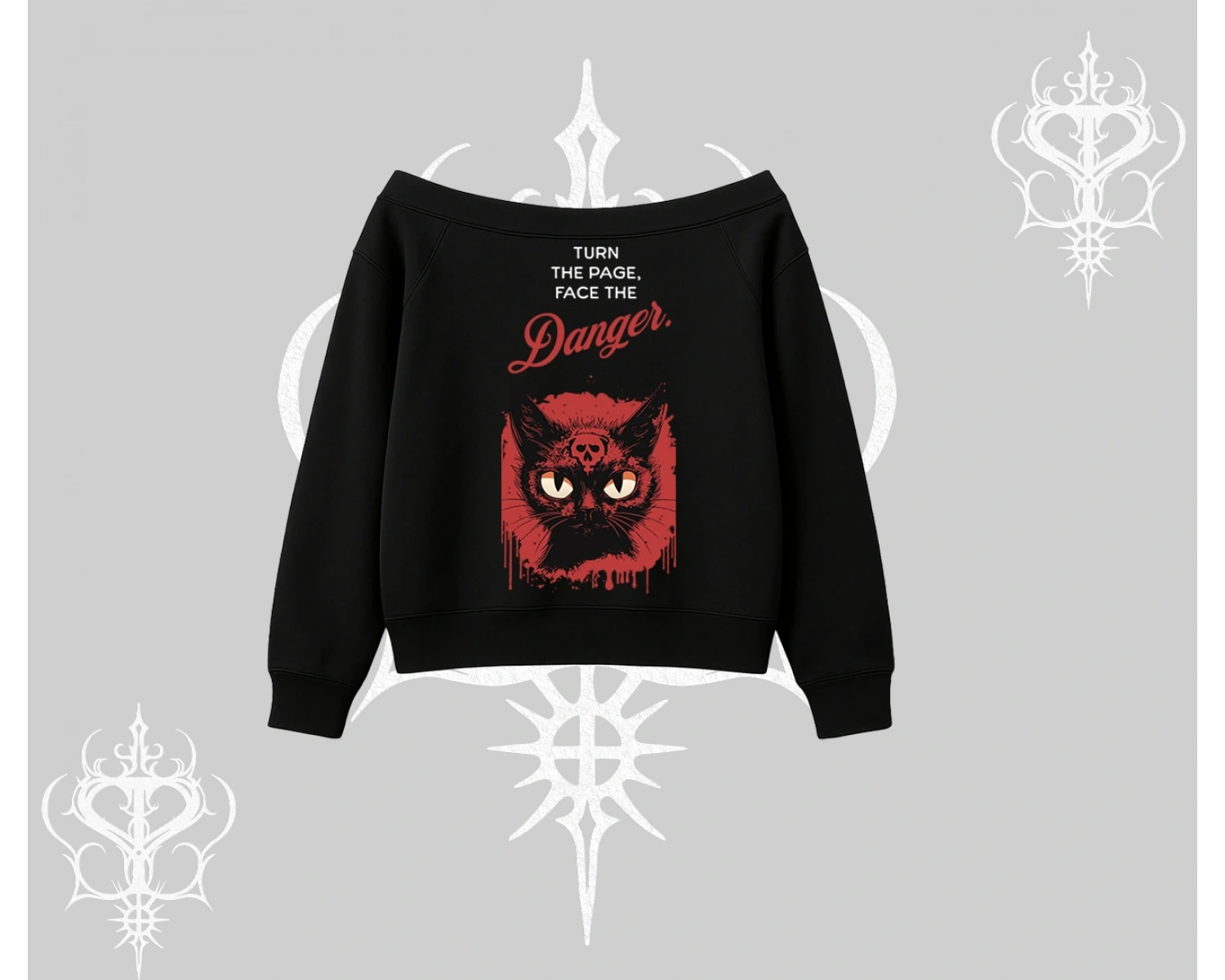 Gotik Kedi Arka Baskılı Kayık Yaka Sweatshirt