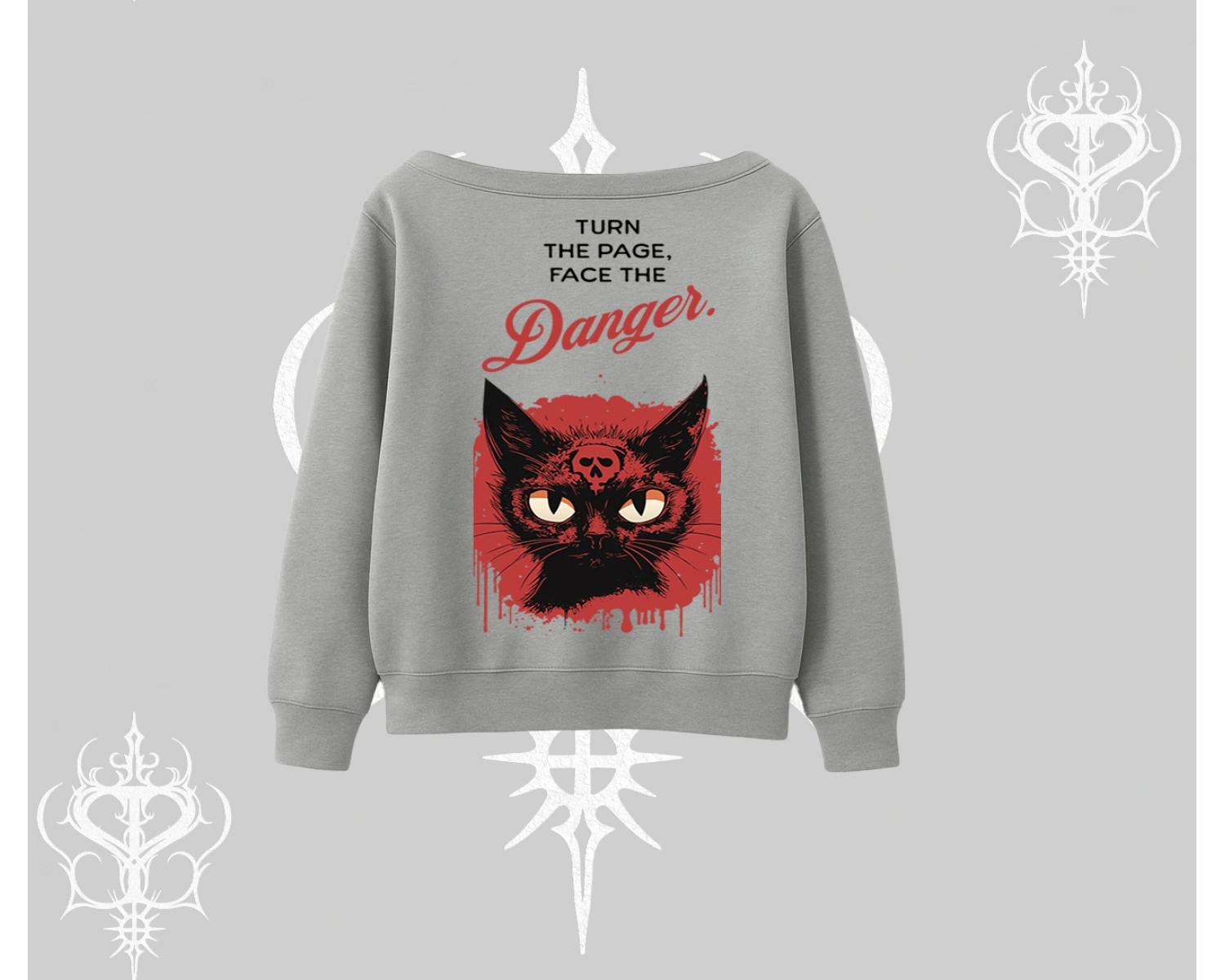 Gotik Kedi Arka Baskılı Kayık Yaka Sweatshirt