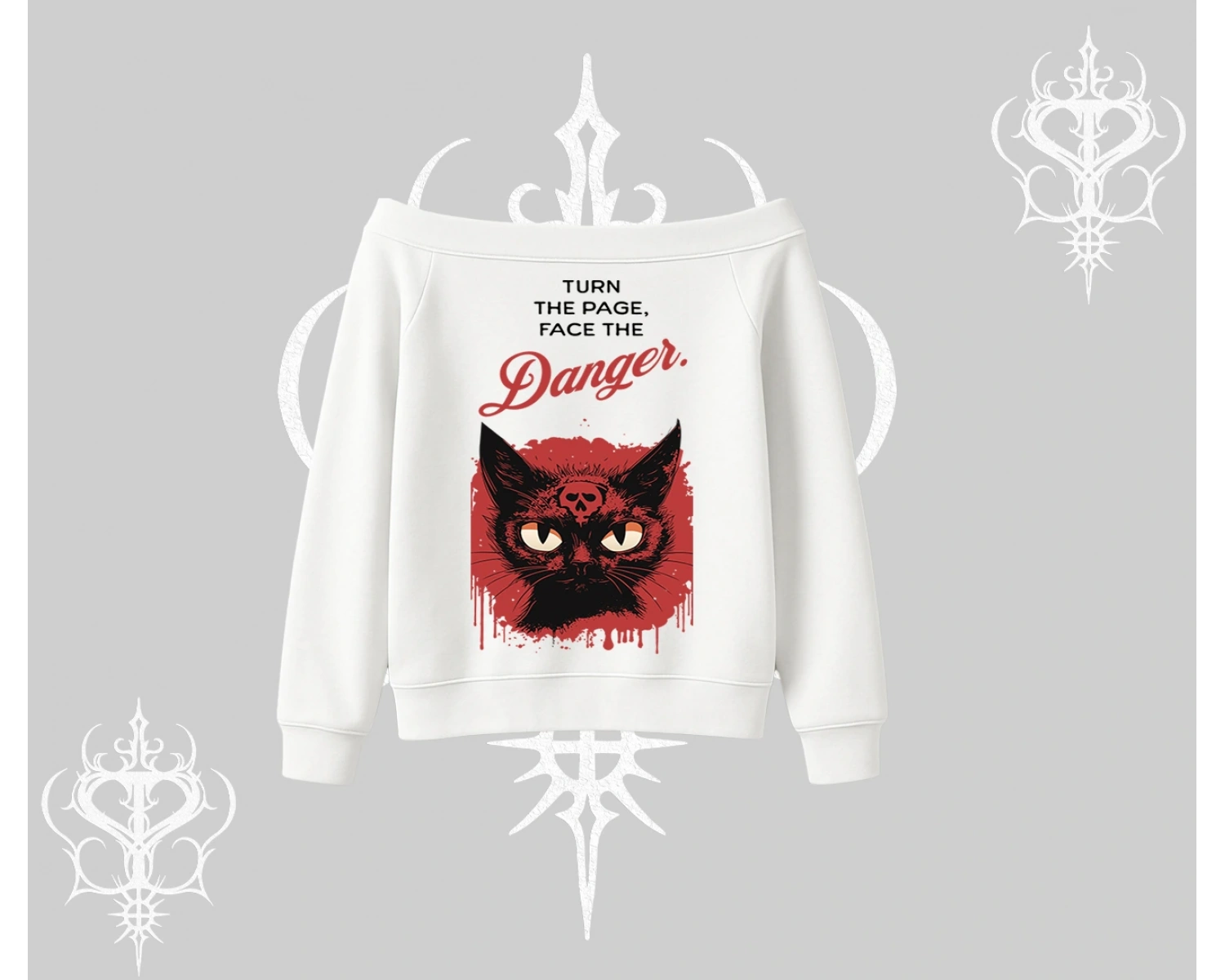 Gotik Kedi Arka Baskılı Kayık Yaka Sweatshirt