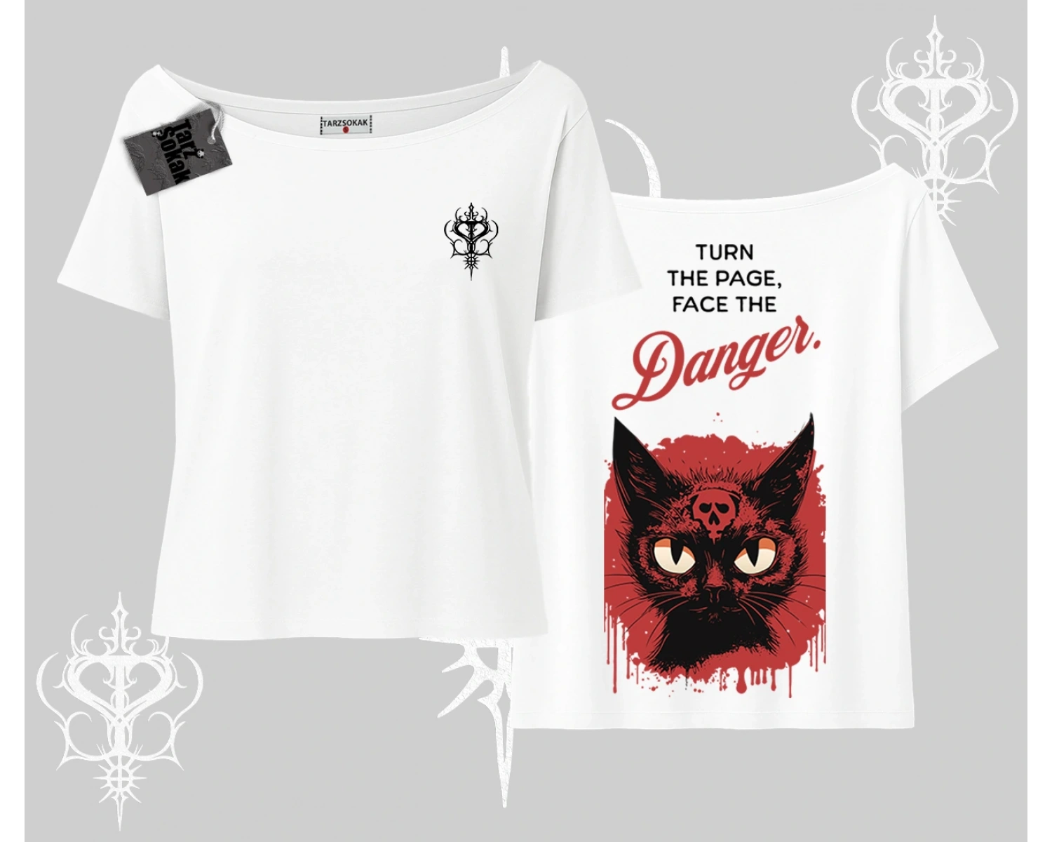 Gotik Kedi Arka Baskılı Kayık Yaka Tshirt
