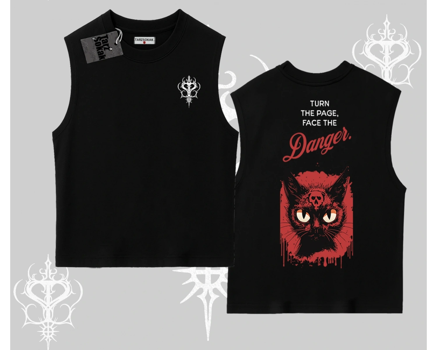 Gotik Kedi Arka Baskılı Kolsuz Tshirt