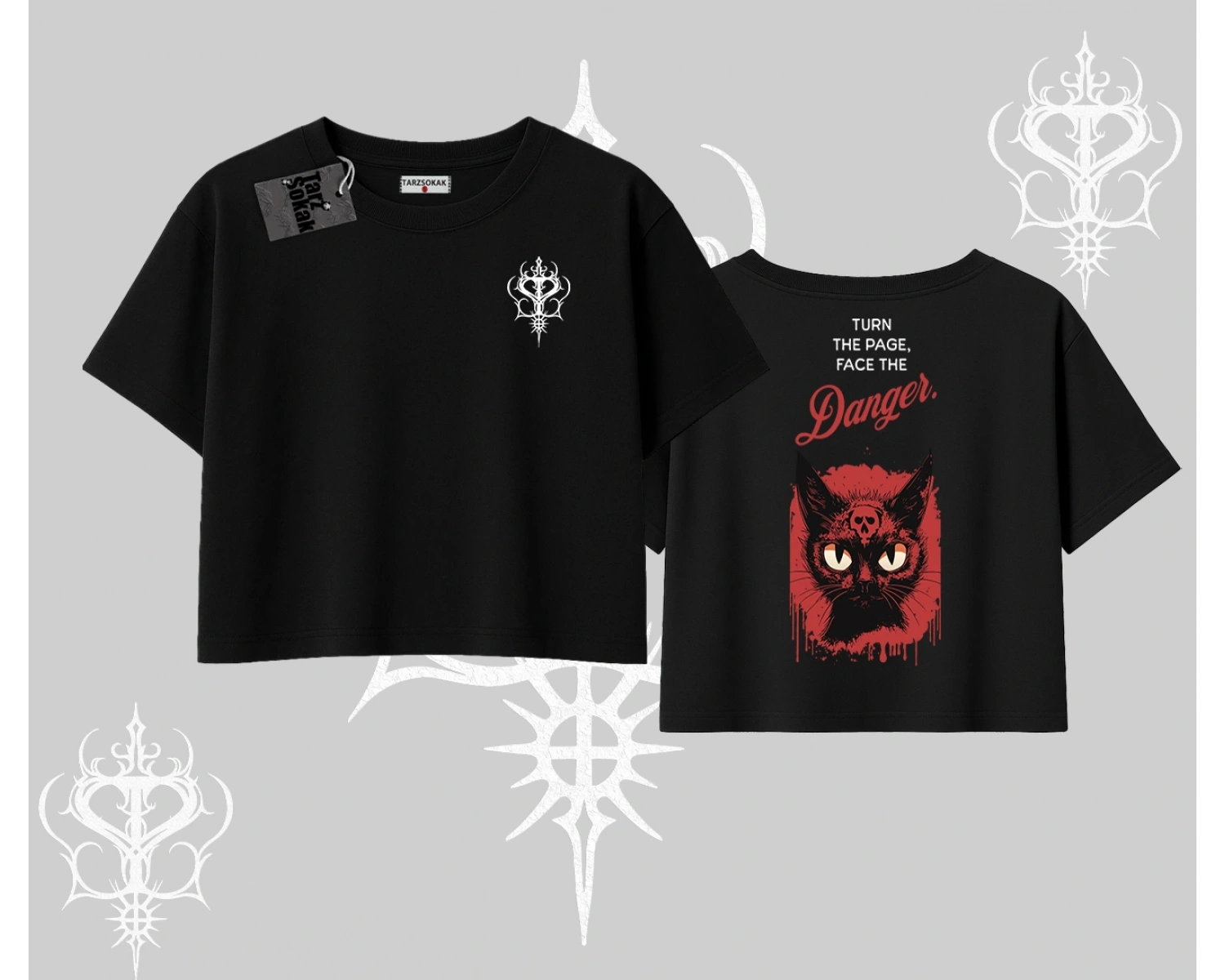 Gotik Kedi Arka Baskılı Oversize Crop Tshirt