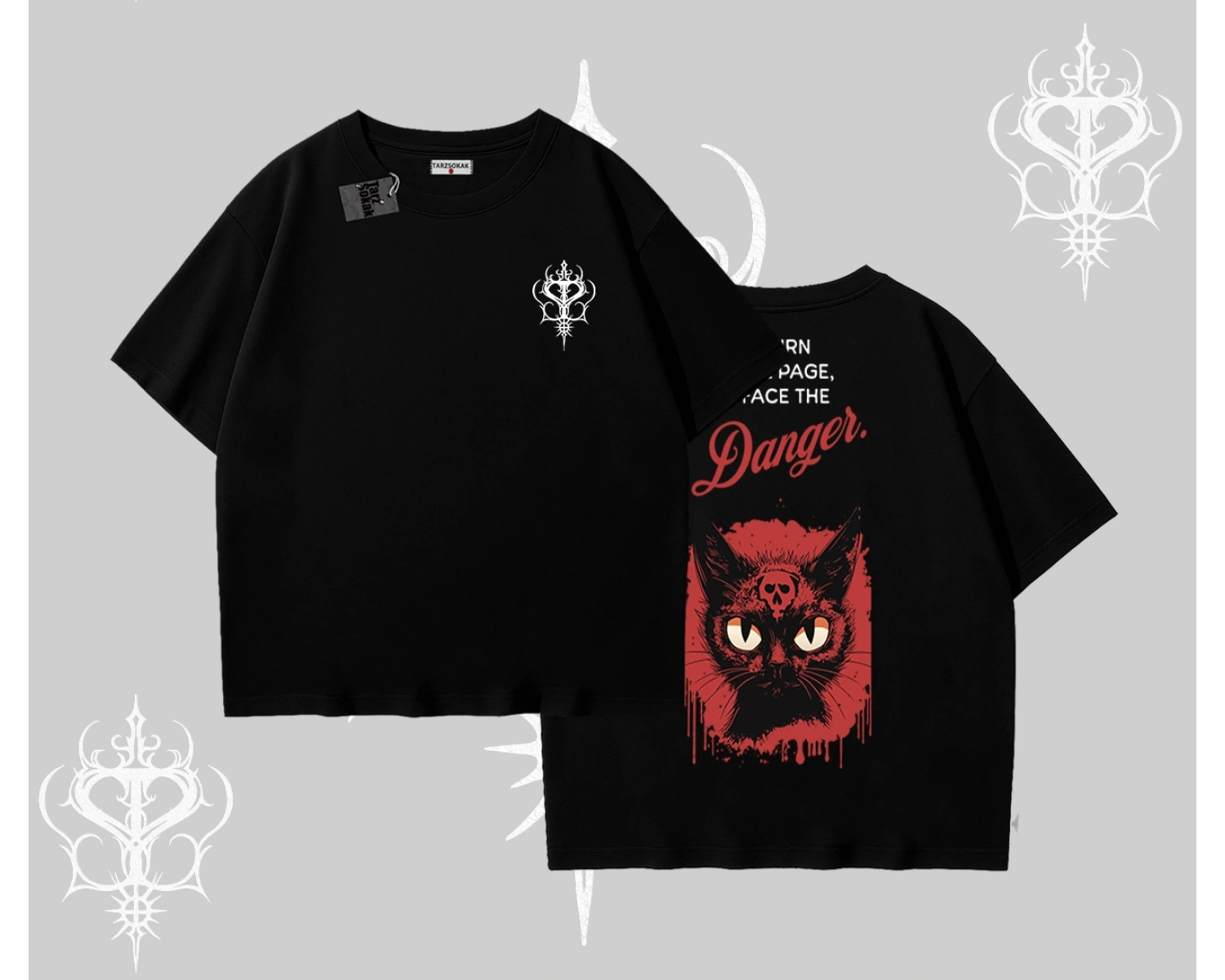 Gotik Kedi Arka Baskılı Oversize Tshirt