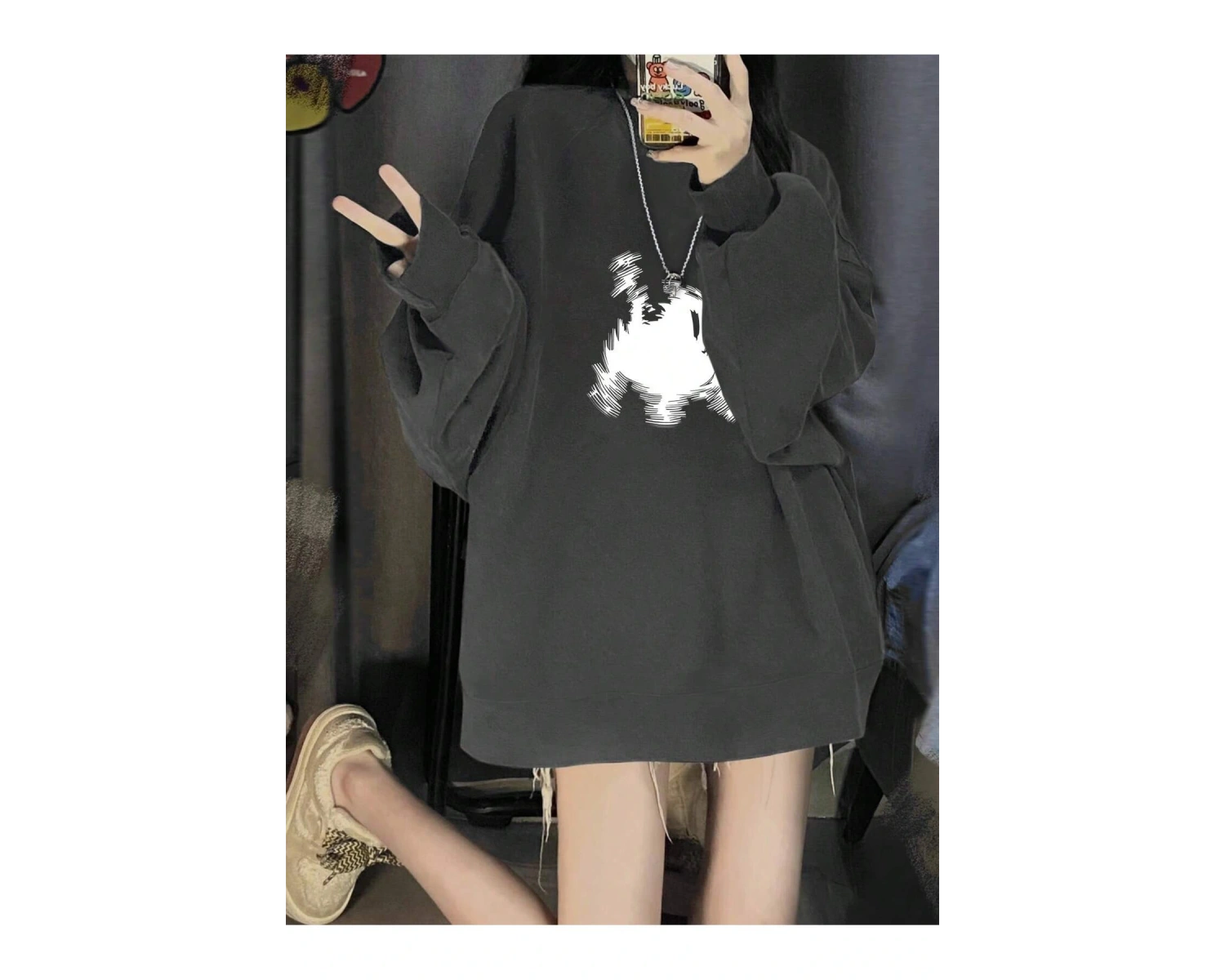 Grafik Düşük Omuz Oversize Sweat Gri