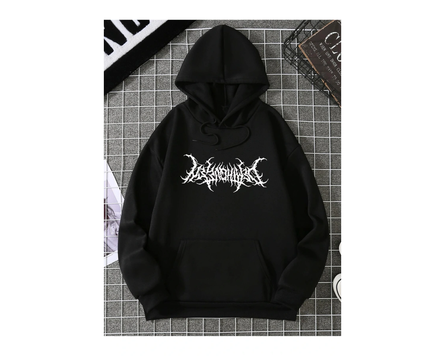 Graphic Print Kangaroo Pocket Drawstring Hoodie Siyah