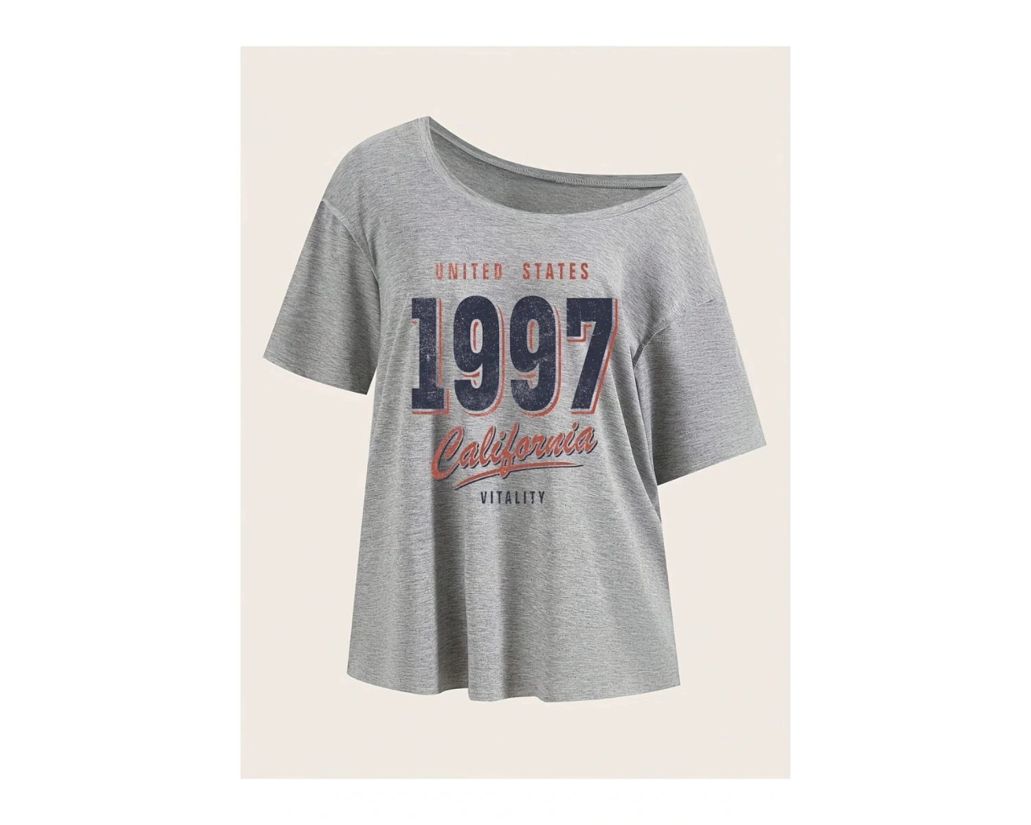 Gri Kadın Düşük Omuz Kayık Yaka 1997 Baskılı