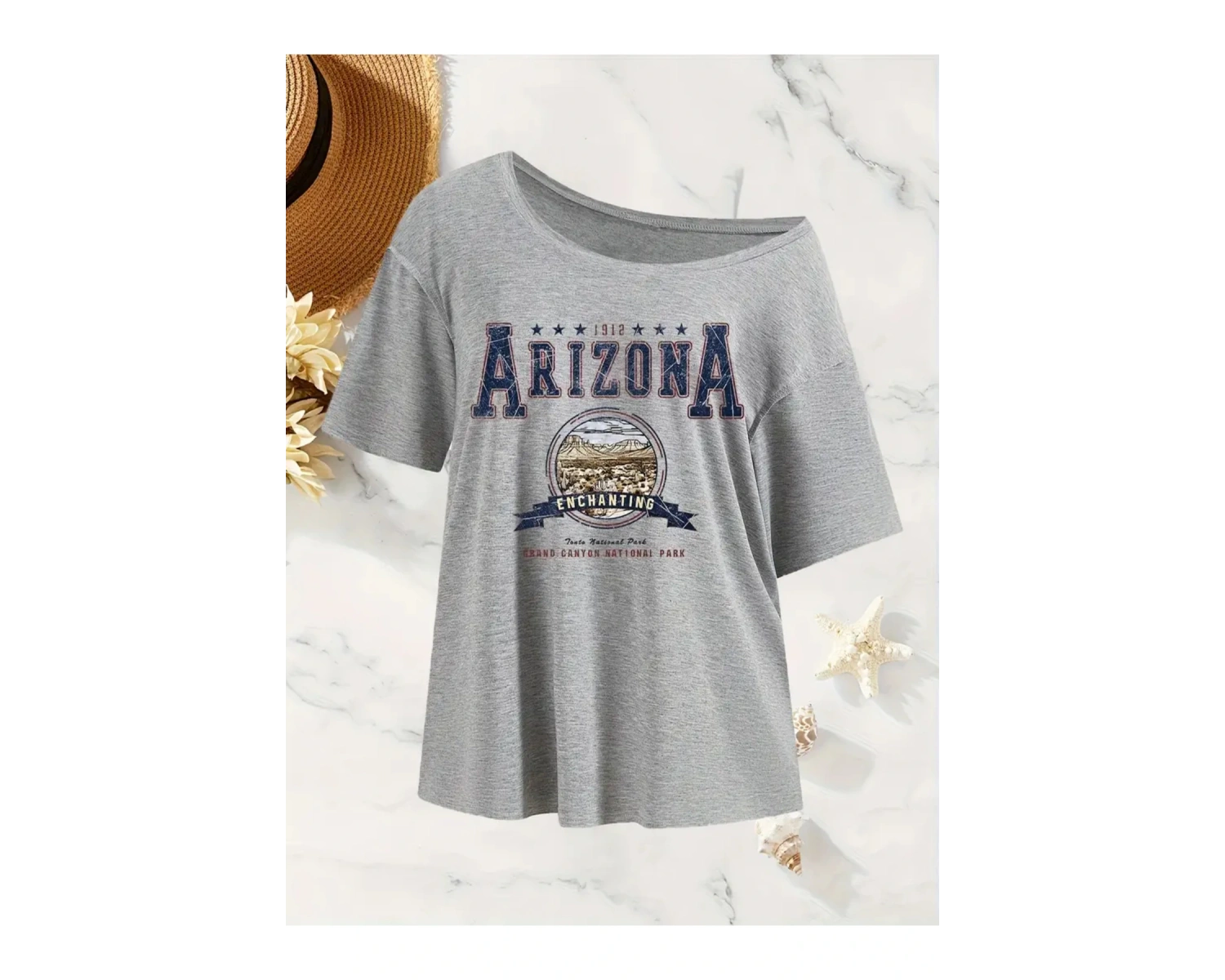 Gri Kadın Düşük Omuz Kayık Yaka Baskılı