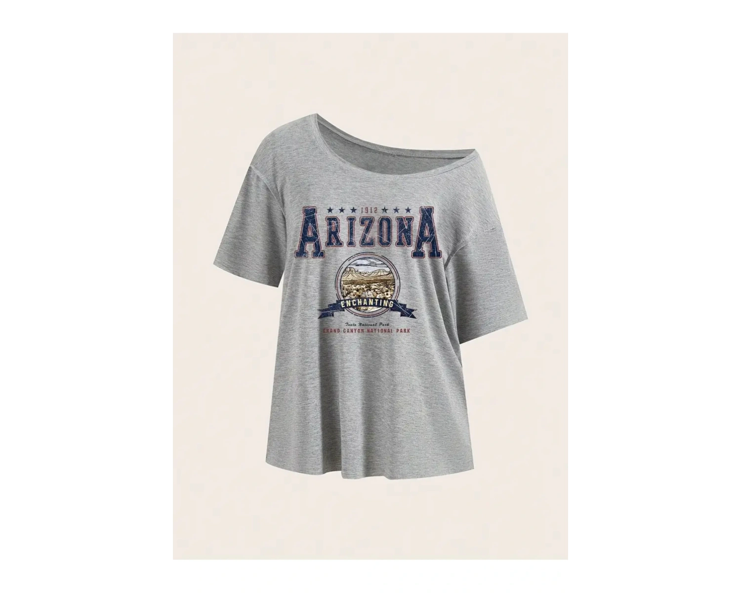 Gri Kadın Düşük Omuz Kayık Yaka Baskılı