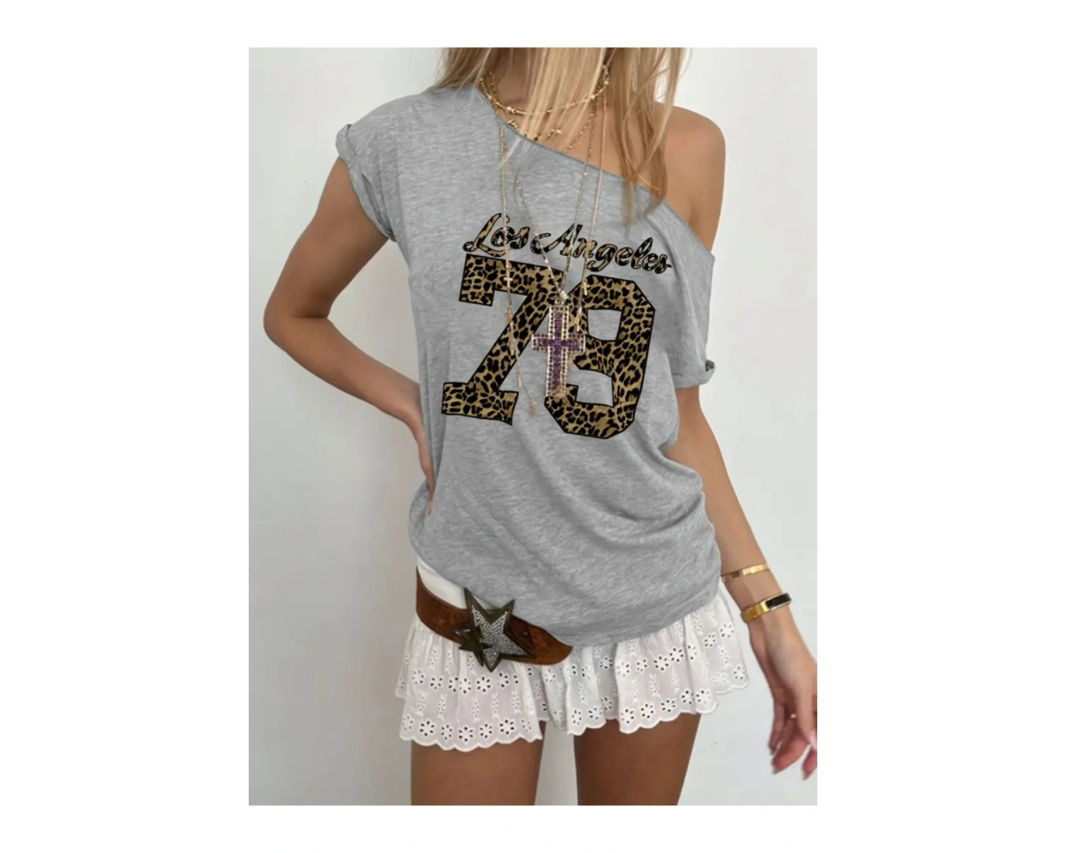 Gri Kadın Düşük Omuz Kayık Yaka Leopar 79 Baskılı