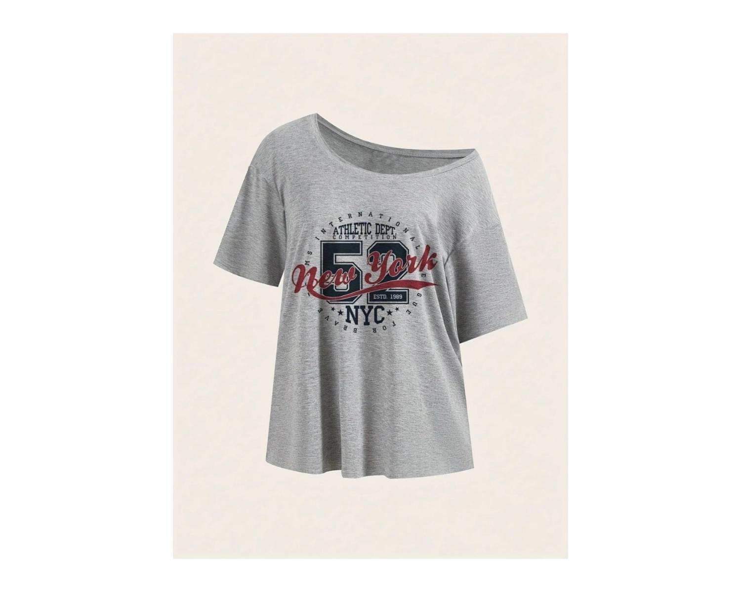 Gri Kadın Düşük Omuz Kayık Yaka New York 52 Baskılı