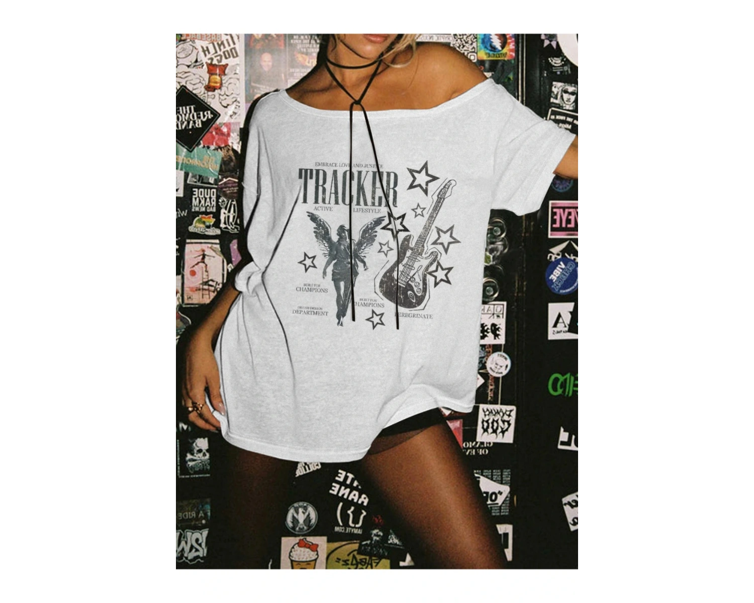 Gri Kadın Düşük Omuz Kayık Yaka Tracker Baskılı