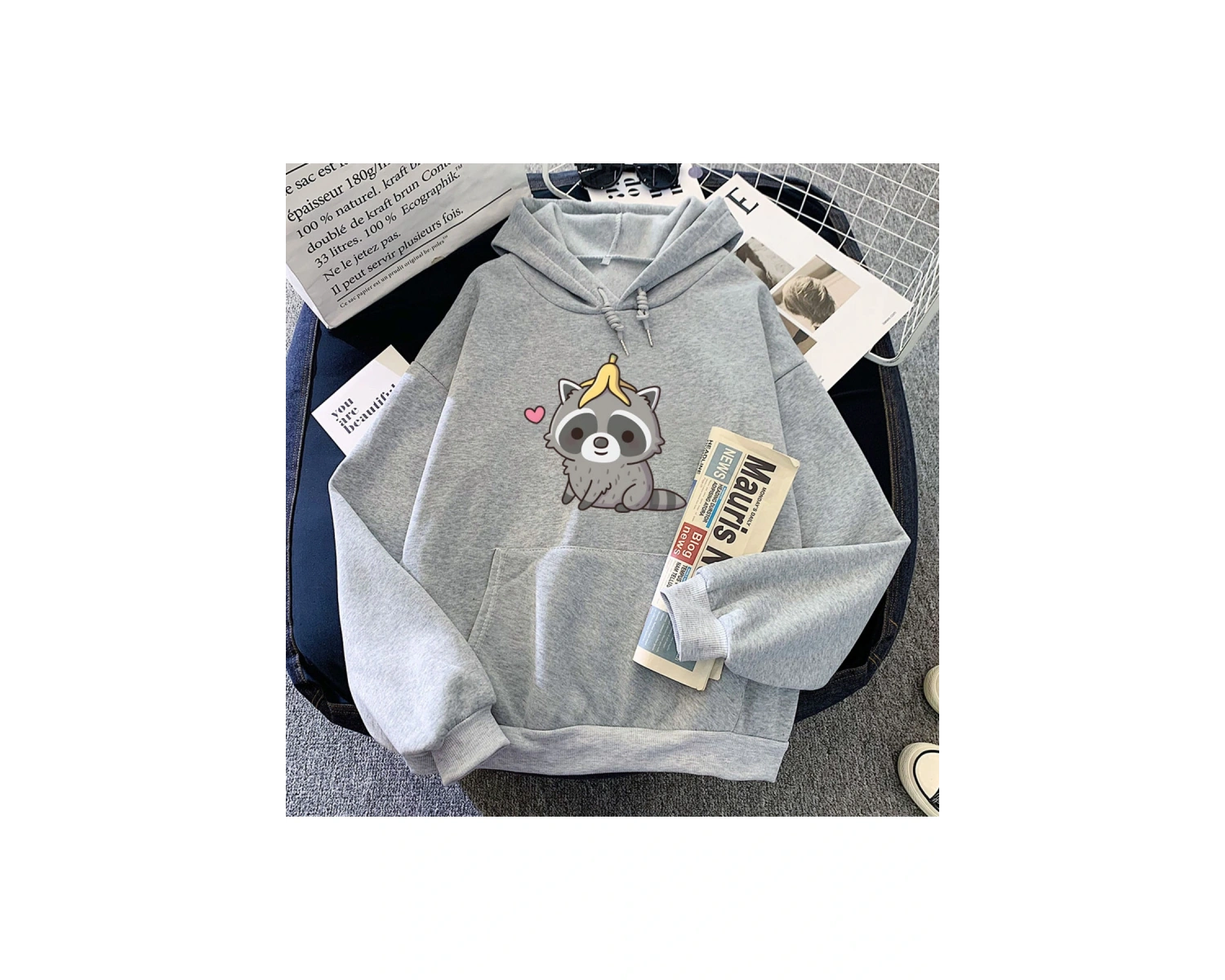 Gri Muz Kabuğu ile sevimli Rakun Hoodies Karikatür Kawaii Grafik B