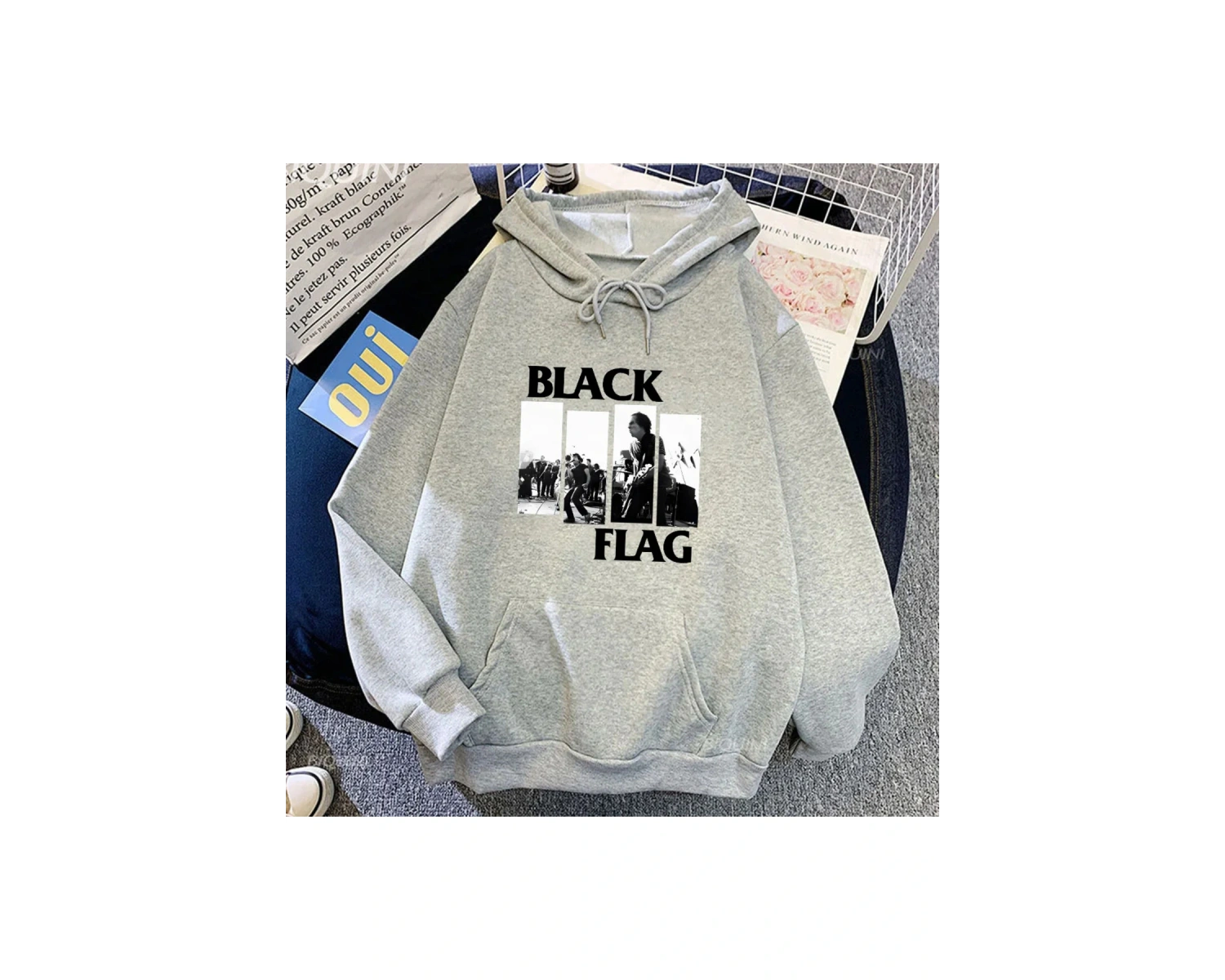 Gri Unisex Punk Rock Grubu Siyah Bayrak Grafik Kapüşonlular Sokak Funko Pop Vintage Rahat