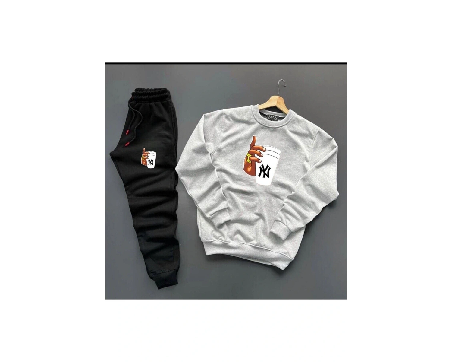 Gri ve Siyah Bardak Dijital Baskılı Kışlık UNİSEX Eşofman Takımı