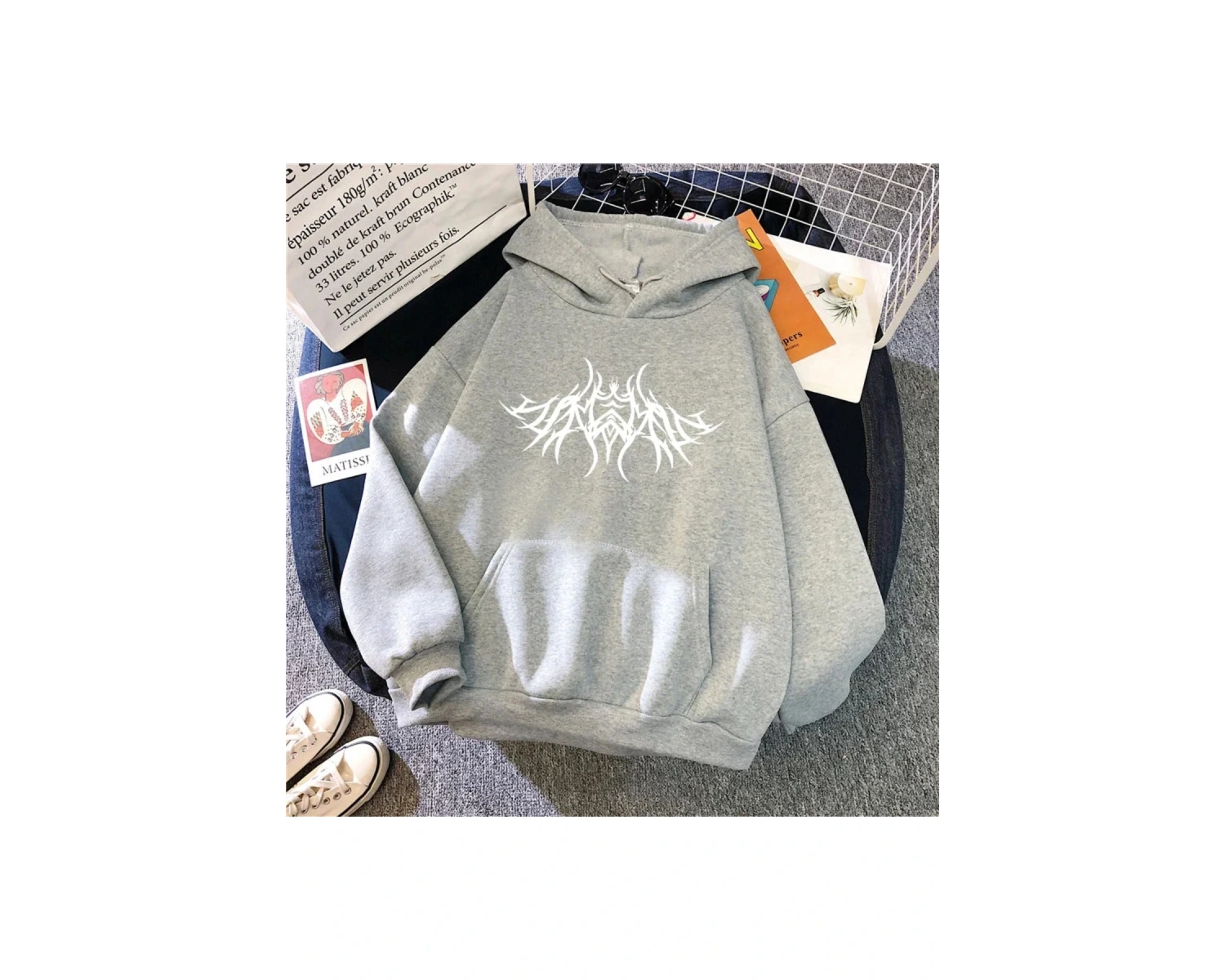 Gri Y2K tarzı kapşonlu uzun kollu kazak kentsel rahat moda