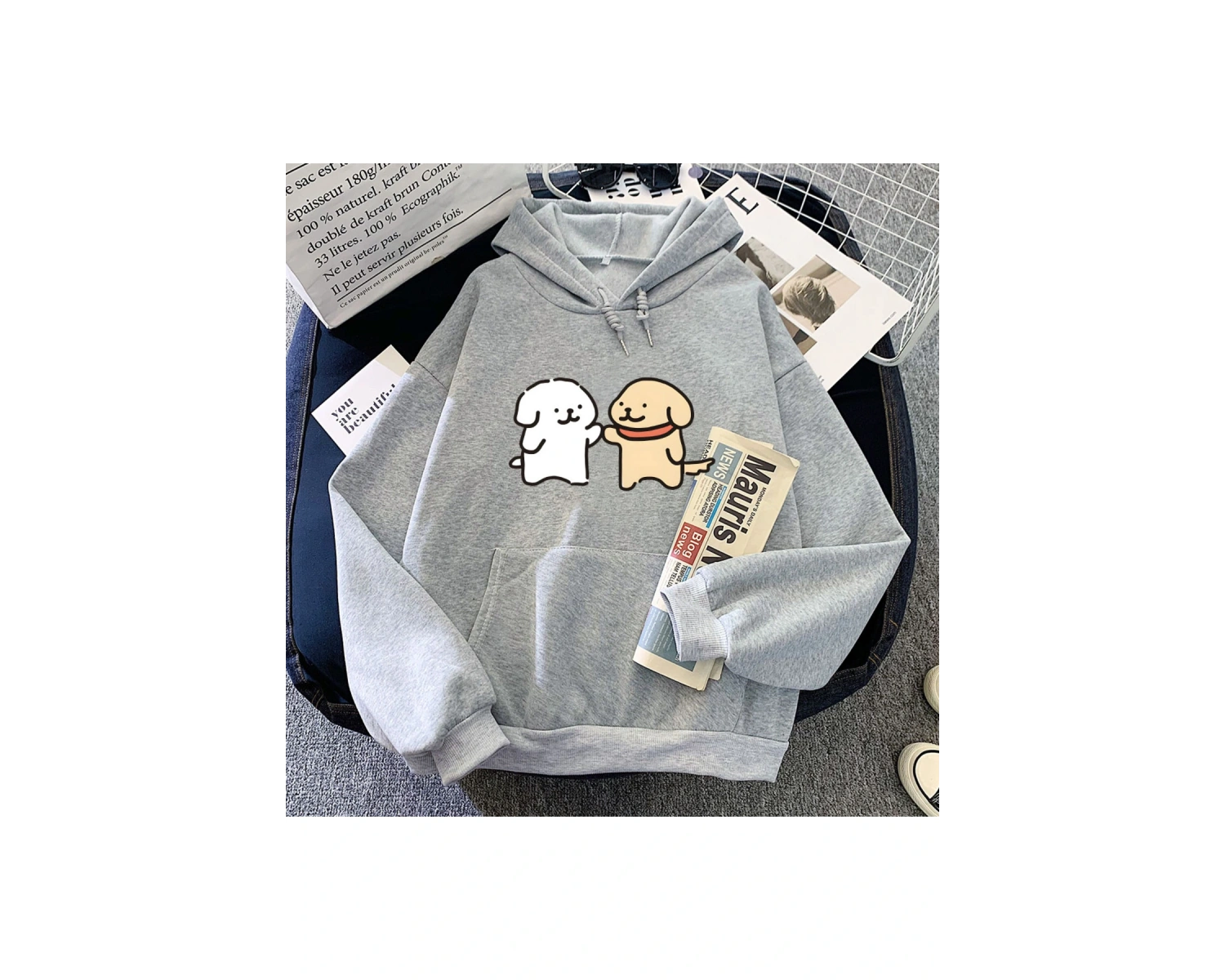 Gri Yavru Malta KöpeğiHoodies Kawaii Grafik iç