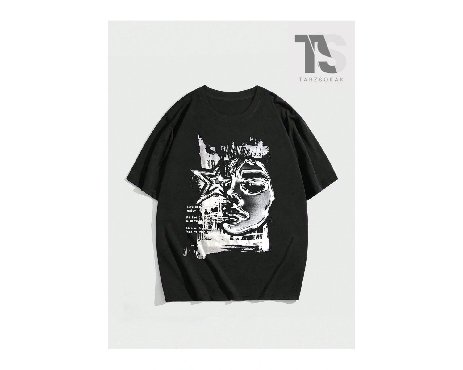 Grunge Punk Erkek Karakter ve Yazı Baskılı T-shirt