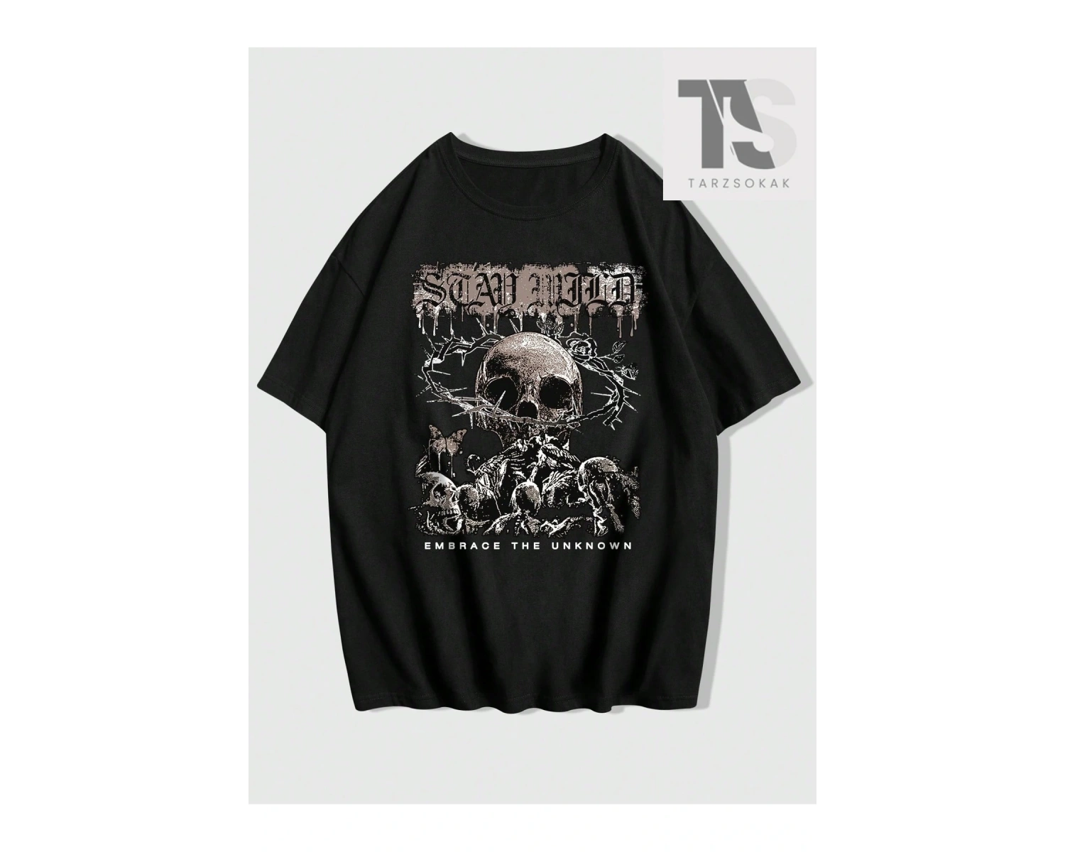 Grunge Punk Kafatası Baskılı Erkek Günlük Yuvarlak Yaka Tişört