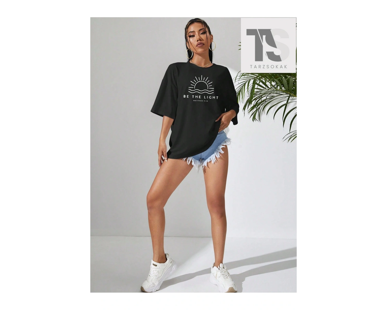 Güneş Ve Slogan Grafikli Düşük Omuz Tişört