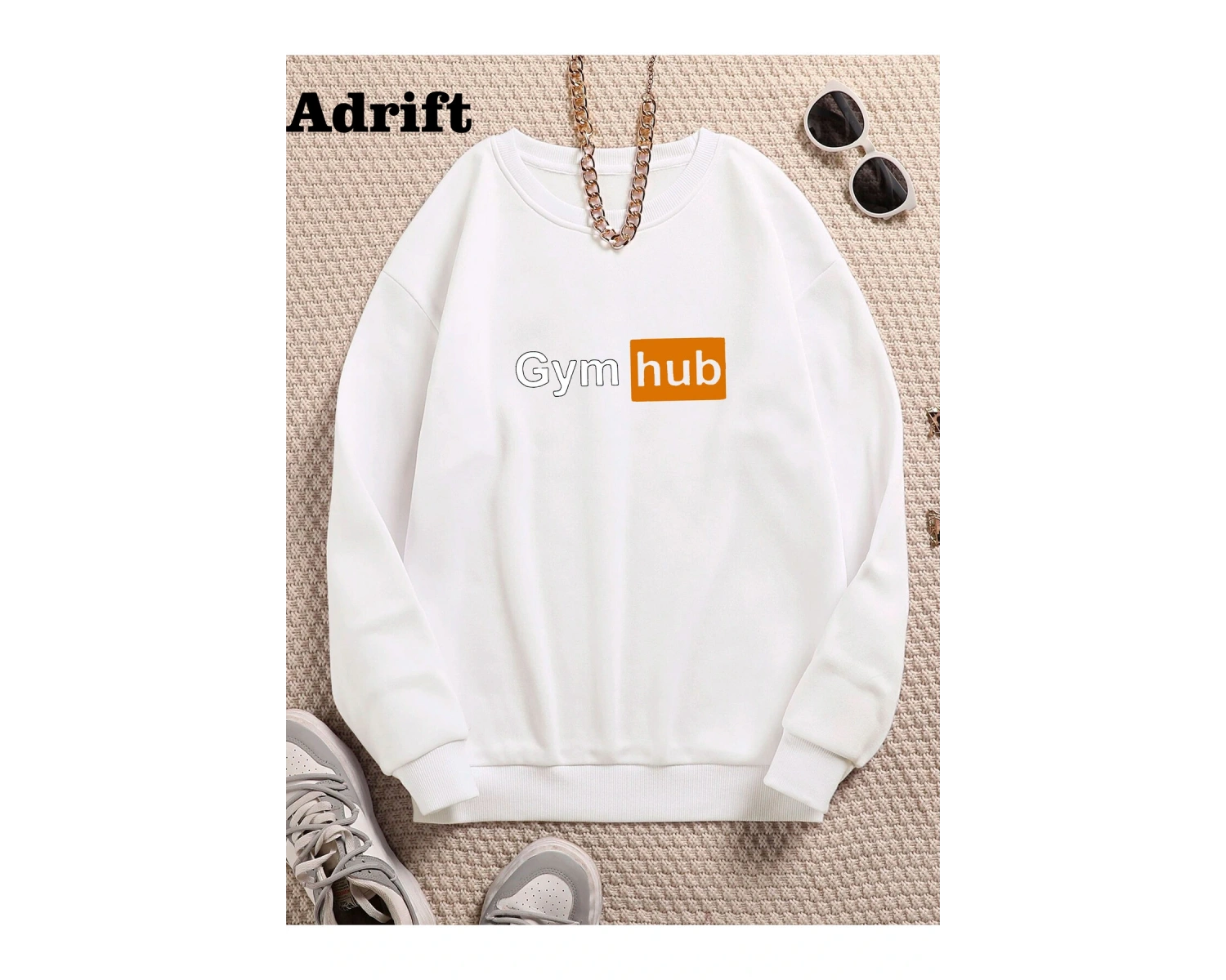 Gym Hub Renkli Oversize Bisiklet Yaka Pamuklu Sweatshirt Beyaz