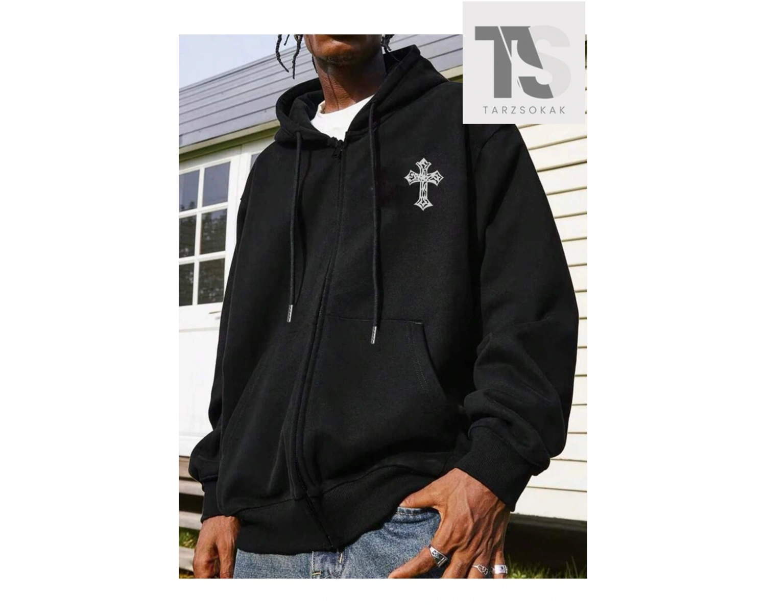 Haç Sembol Sweatshirt Fermuarlı Hırka Siyah