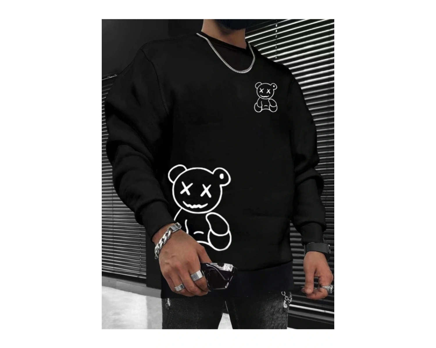 Happy Bear Oversize Bisiklet Yaka Pamuklu Sweatshirt Siyah