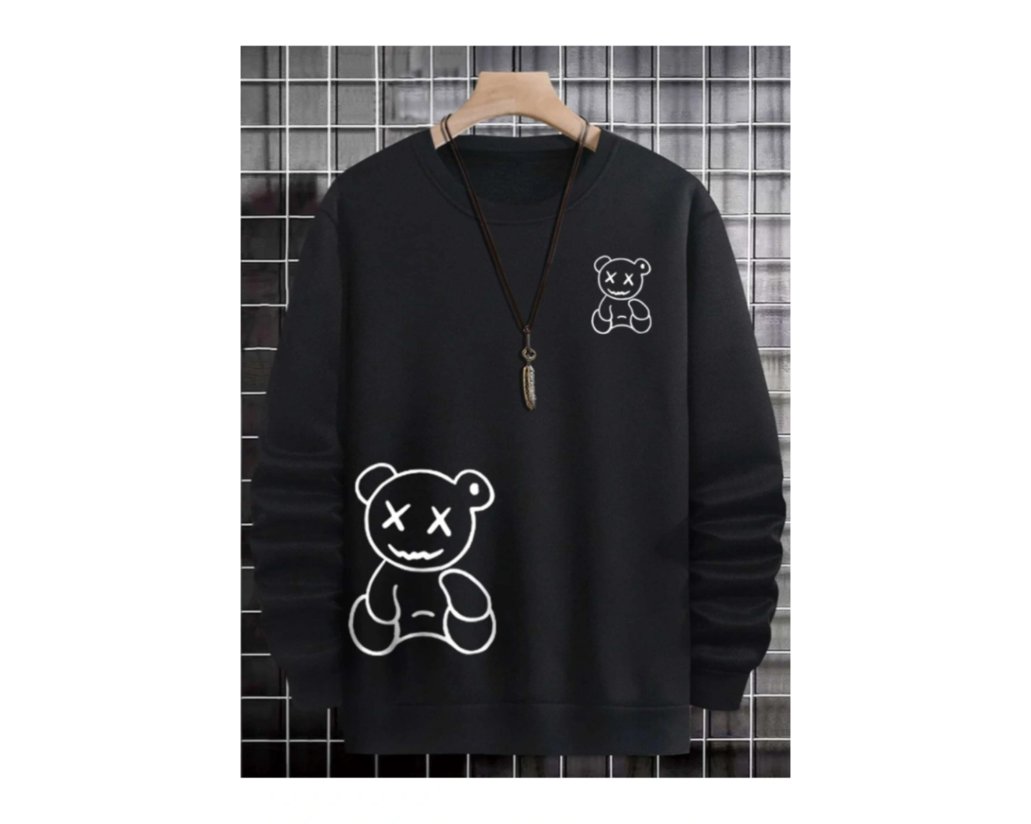 Happy Bear Oversize Bisiklet Yaka Pamuklu Sweatshirt Siyah