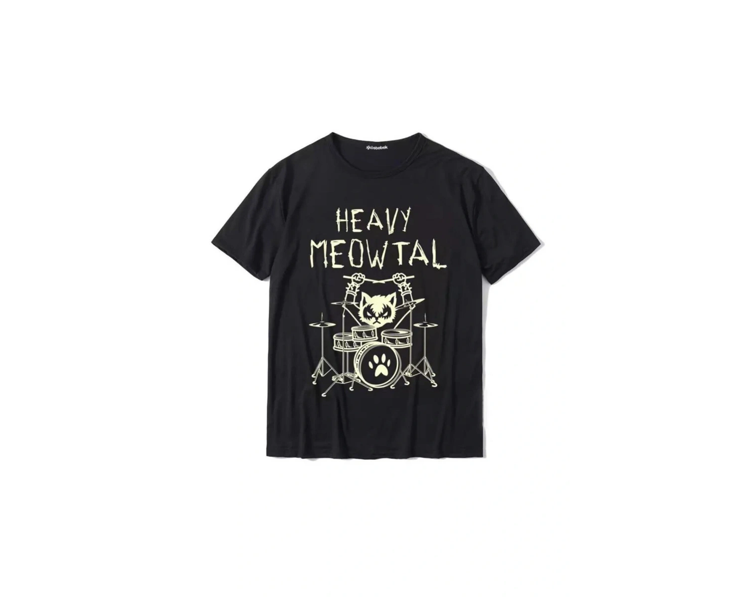 Happy Meowtal - Batterist Metal Cat Siyah Tshirt Arsbatteristcat