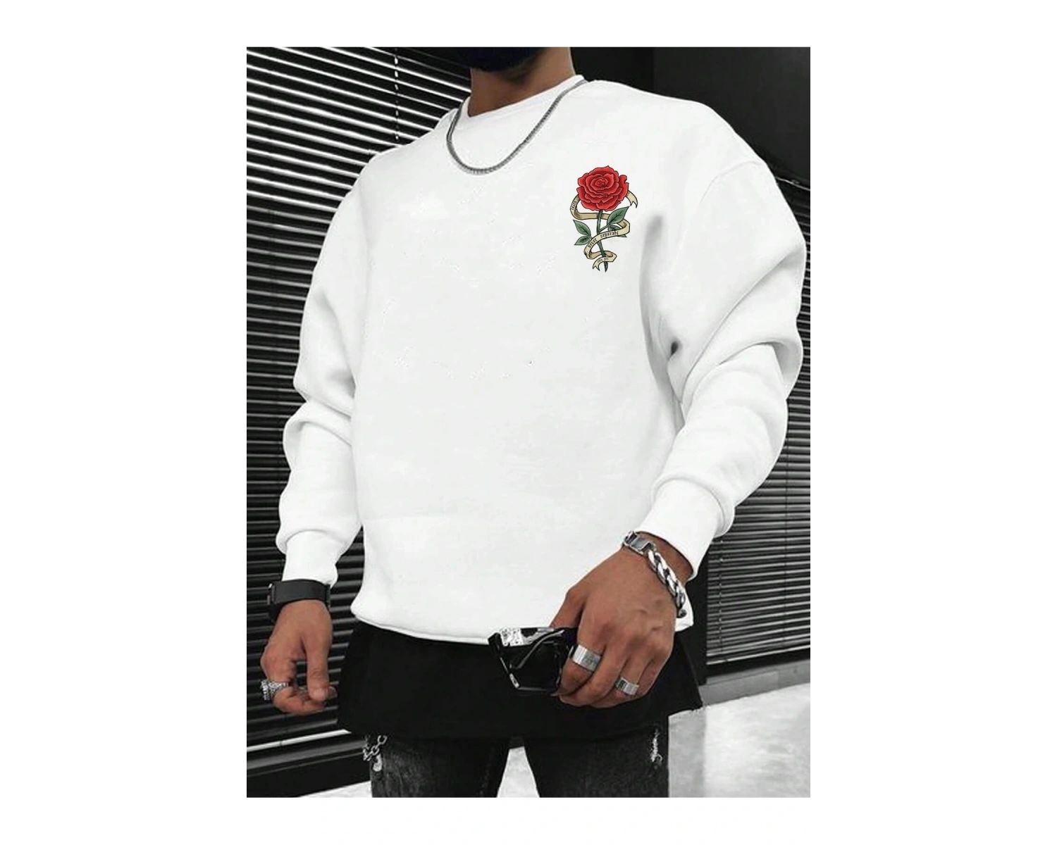 Harajuka Sokak Çiçek Desenli Kazak Beyaz