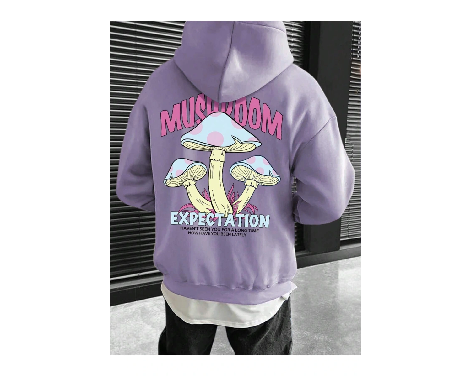 Harajuka Sokak Mantar ve Slogan Grafikli Düşük Omuz Mor